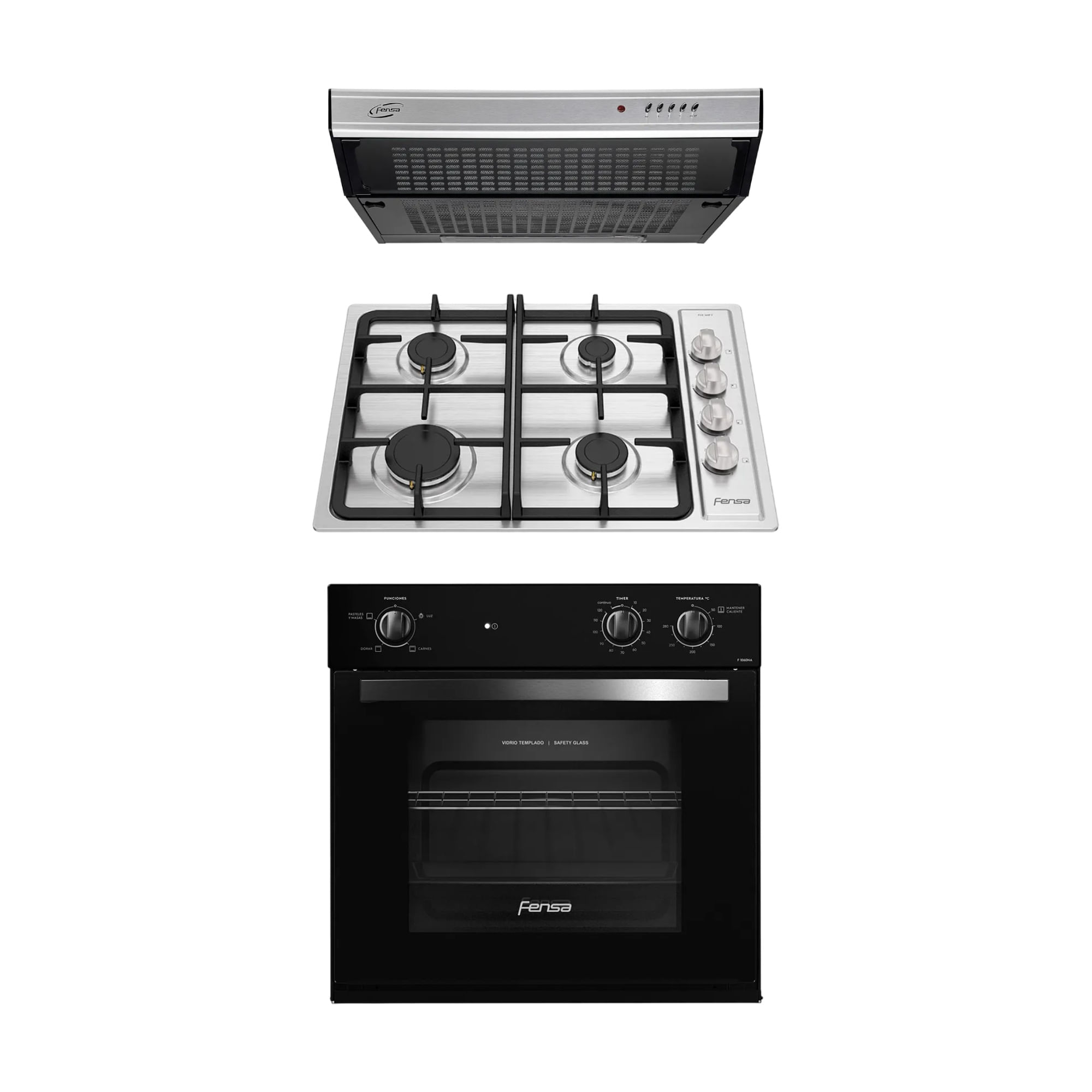 Kit Campana de Cocina Extractora Fensa 60 cm FX U6160 + Encimera Fensa FCE 4HF T + Horno Empotrable Fensa F 1060N A a $339.990