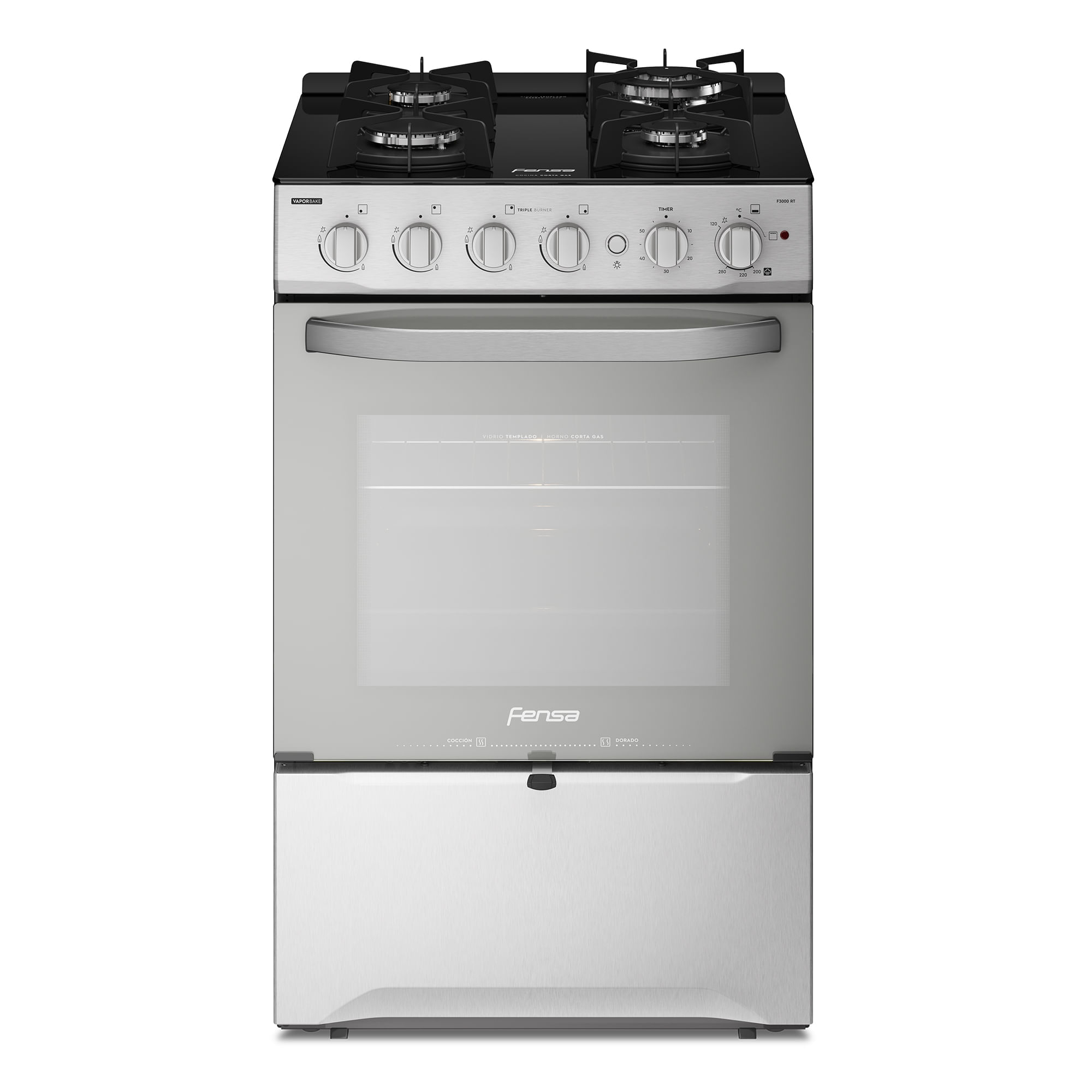 Cocina a Gas 4 Platos Fensa Experience con VaporBake y Cubierta Vidrio F 3000 RT Inox a $349.990